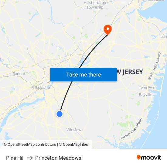 Pine Hill to Princeton Meadows map