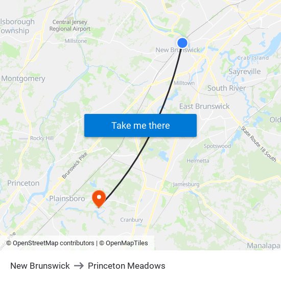 New Brunswick to Princeton Meadows map