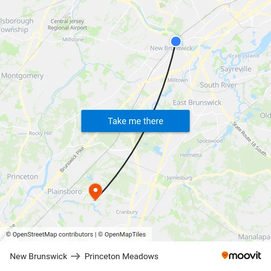 New Brunswick to Princeton Meadows map