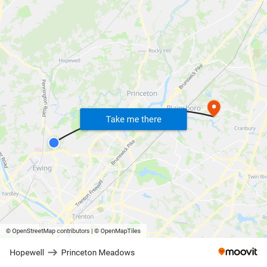 Hopewell to Princeton Meadows map