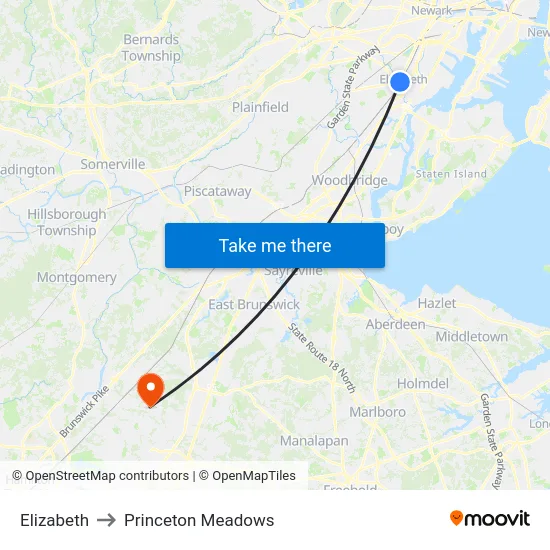 Elizabeth to Princeton Meadows map