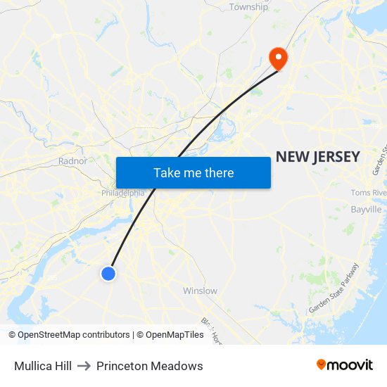 Mullica Hill to Princeton Meadows map