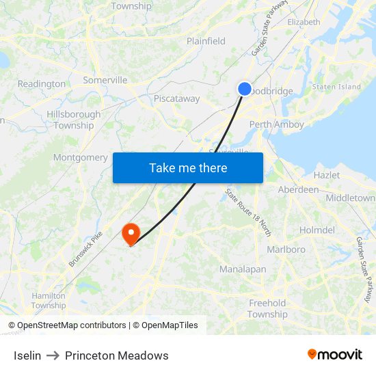 Iselin to Princeton Meadows map