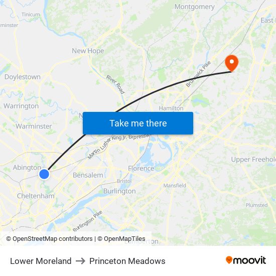 Lower Moreland to Princeton Meadows map