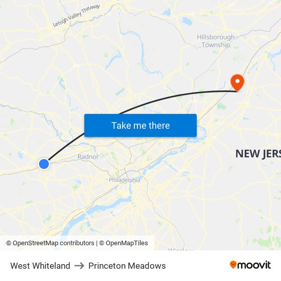 West Whiteland to Princeton Meadows map