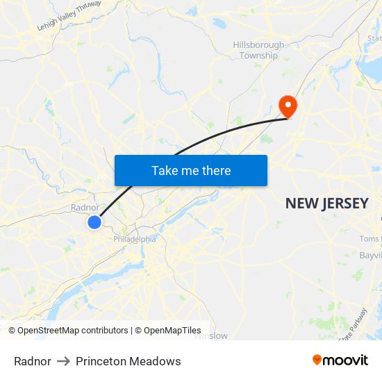Radnor to Princeton Meadows map