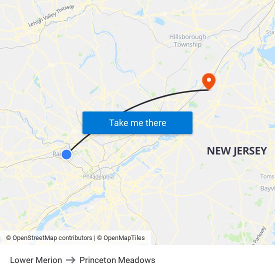 Lower Merion to Princeton Meadows map