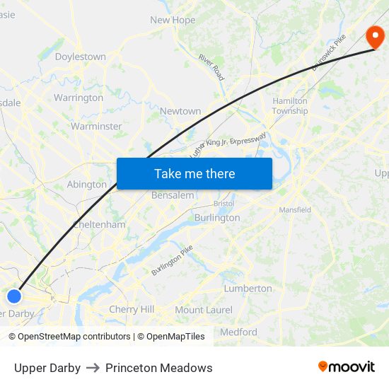 Upper Darby to Princeton Meadows map