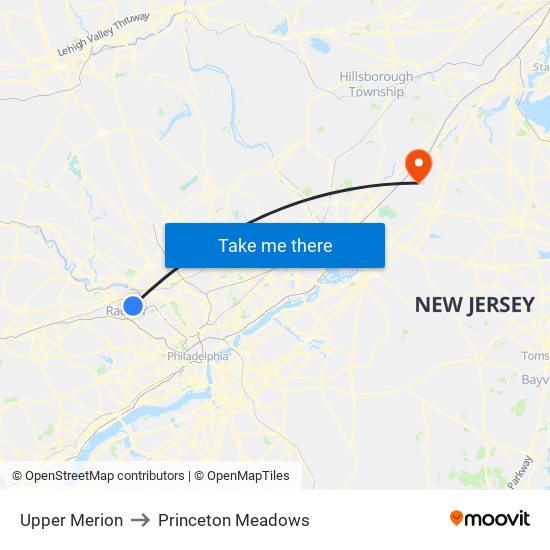 Upper Merion to Princeton Meadows map
