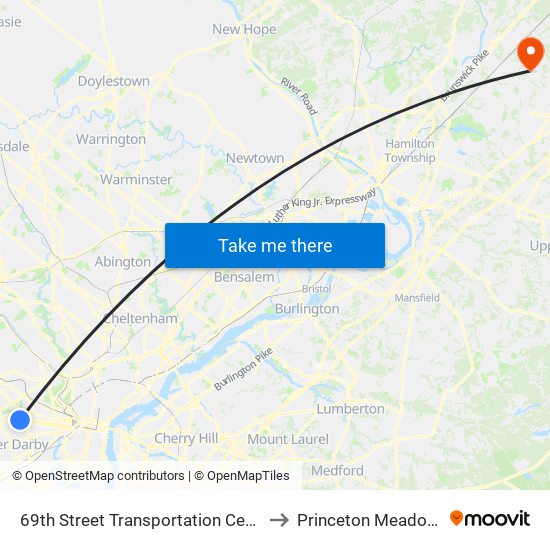 69th Street Transportation Center to Princeton Meadows map