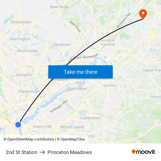 2nd St Station to Princeton Meadows map