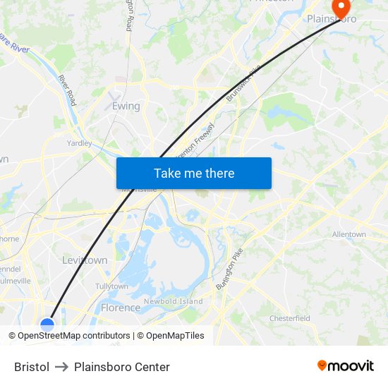 Bristol to Plainsboro Center map