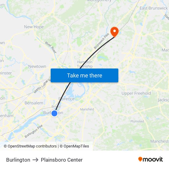 Burlington to Plainsboro Center map