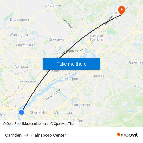 Camden to Plainsboro Center map