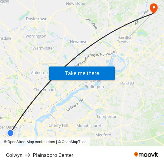 Colwyn to Plainsboro Center map