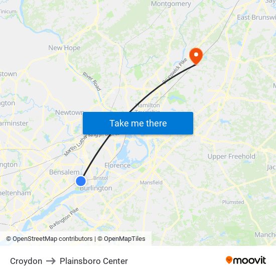 Croydon to Plainsboro Center map