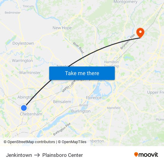 Jenkintown to Plainsboro Center map