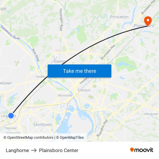 Langhorne to Plainsboro Center map
