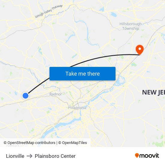 Lionville to Plainsboro Center map