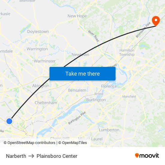 Narberth to Plainsboro Center map