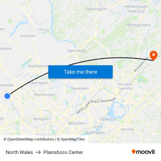 North Wales to Plainsboro Center map