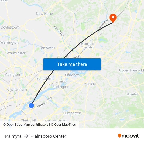 Palmyra to Plainsboro Center map