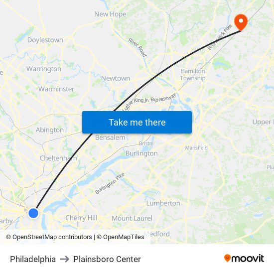 Philadelphia to Plainsboro Center map