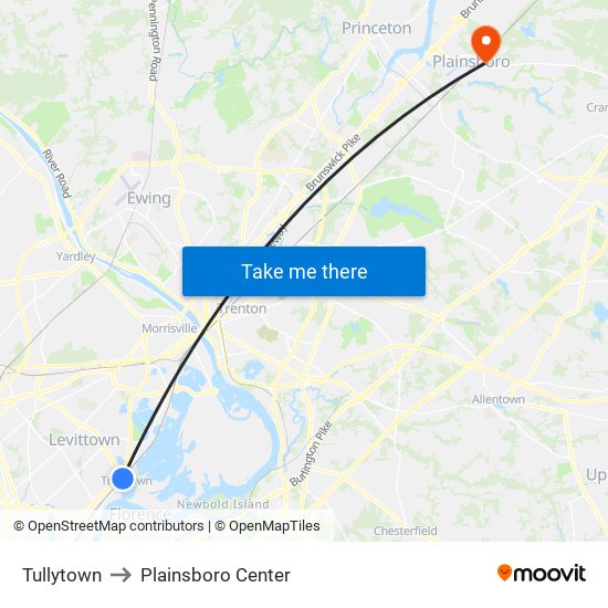 Tullytown to Plainsboro Center map