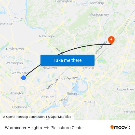 Warminster Heights to Plainsboro Center map