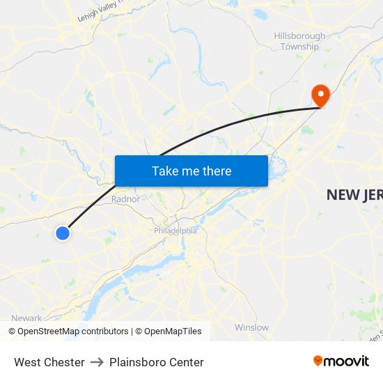 West Chester to Plainsboro Center map