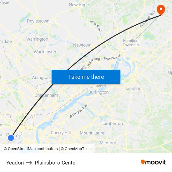 Yeadon to Plainsboro Center map