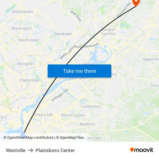 Westville to Plainsboro Center map