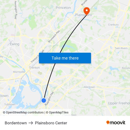 Bordentown to Plainsboro Center map