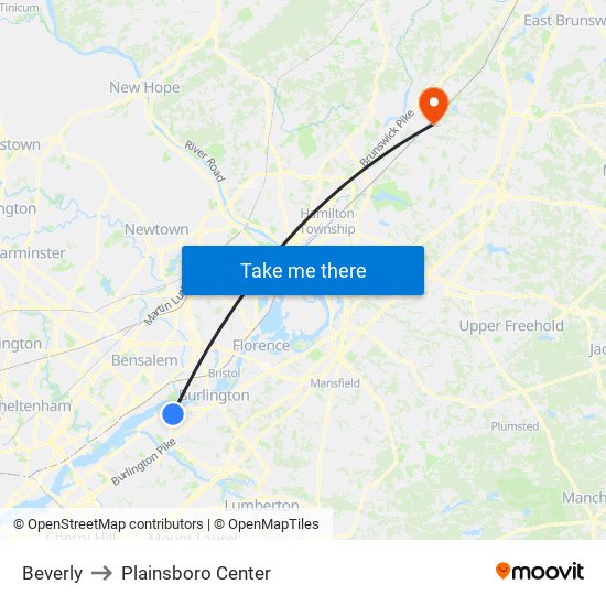 Beverly to Plainsboro Center map