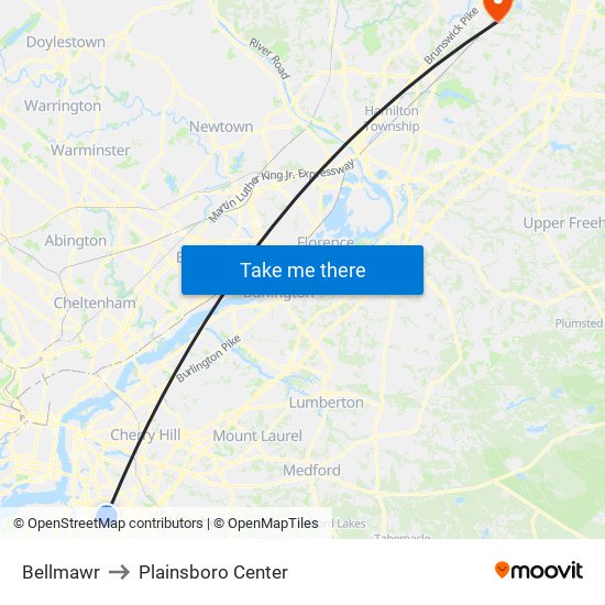 Bellmawr to Plainsboro Center map