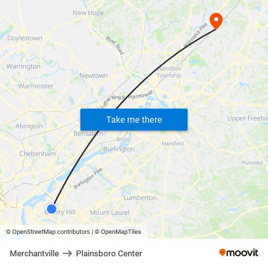 Merchantville to Plainsboro Center map