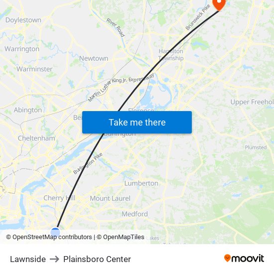 Lawnside to Plainsboro Center map
