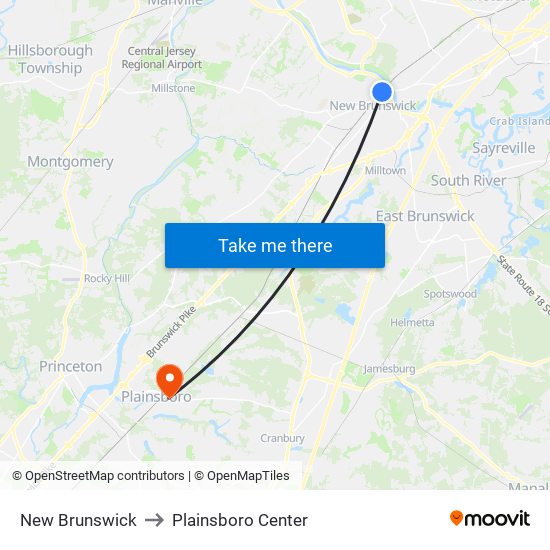 New Brunswick to Plainsboro Center map