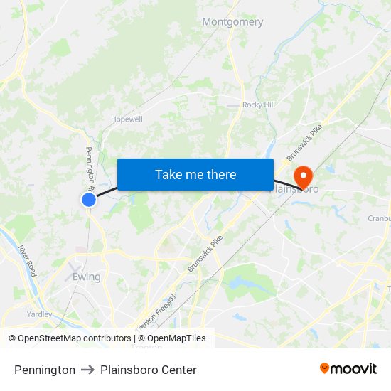 Pennington to Plainsboro Center map