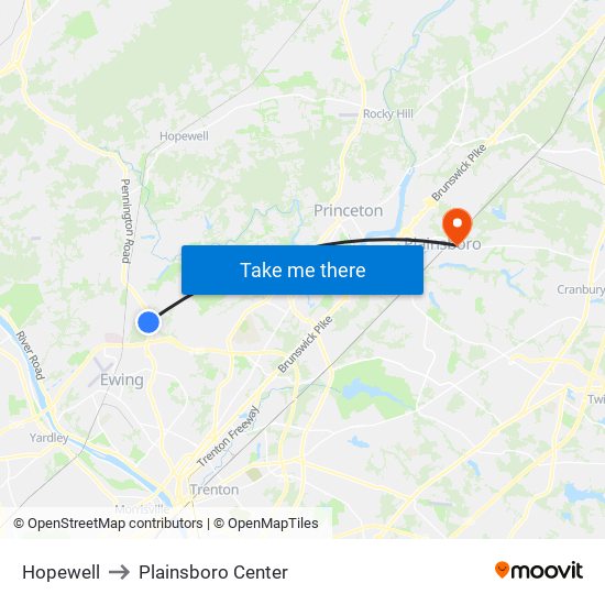 Hopewell to Plainsboro Center map