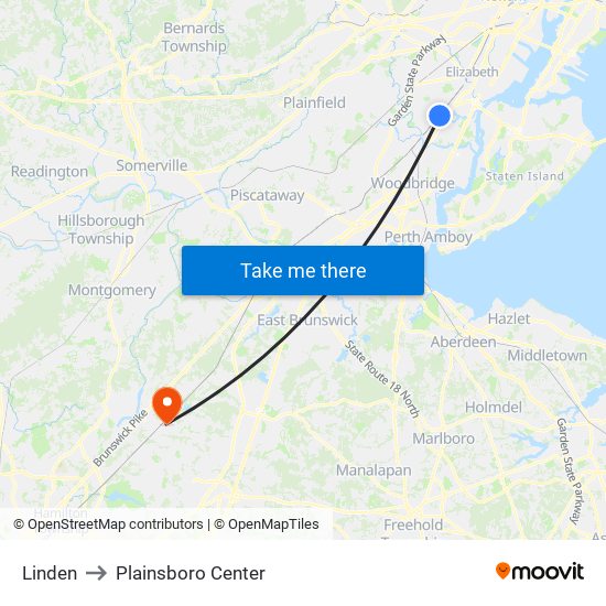 Linden to Plainsboro Center map