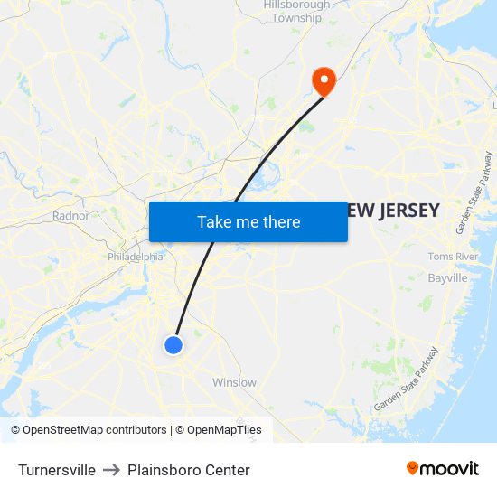 Turnersville to Plainsboro Center map