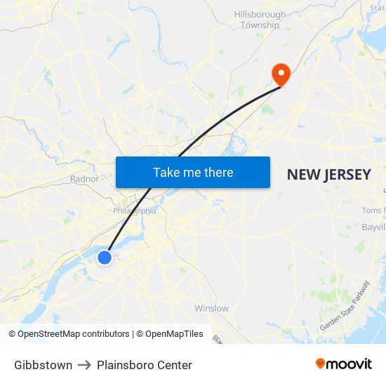 Gibbstown to Plainsboro Center map