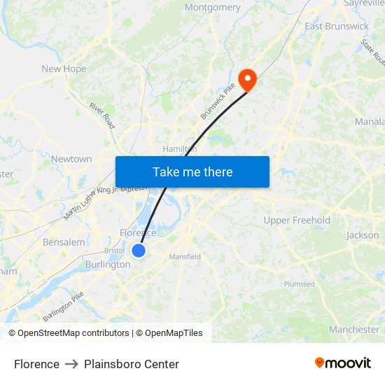 Florence to Plainsboro Center map
