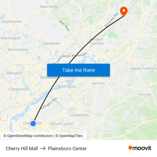 Cherry Hill Mall to Plainsboro Center map