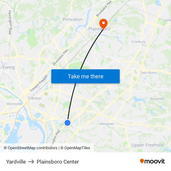 Yardville to Plainsboro Center map