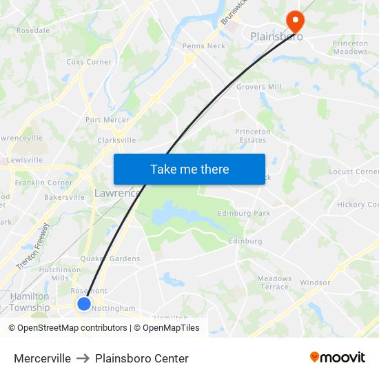 Mercerville to Plainsboro Center map