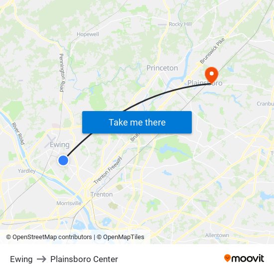 Ewing to Plainsboro Center map