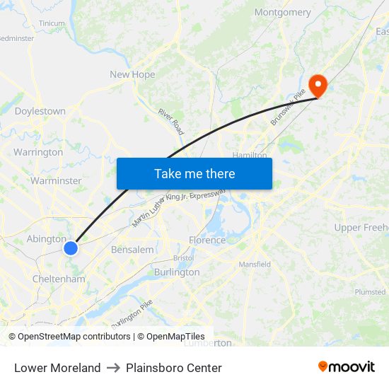 Lower Moreland to Plainsboro Center map