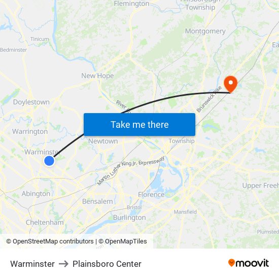 Warminster to Plainsboro Center map